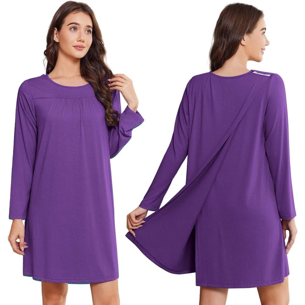 imageDeyeek Hospital Gowns for Women Open Back Tear Away Post Surgery Dress Long Sleeve with Shoulder Snaps Adaptive NightgownsDark Purple