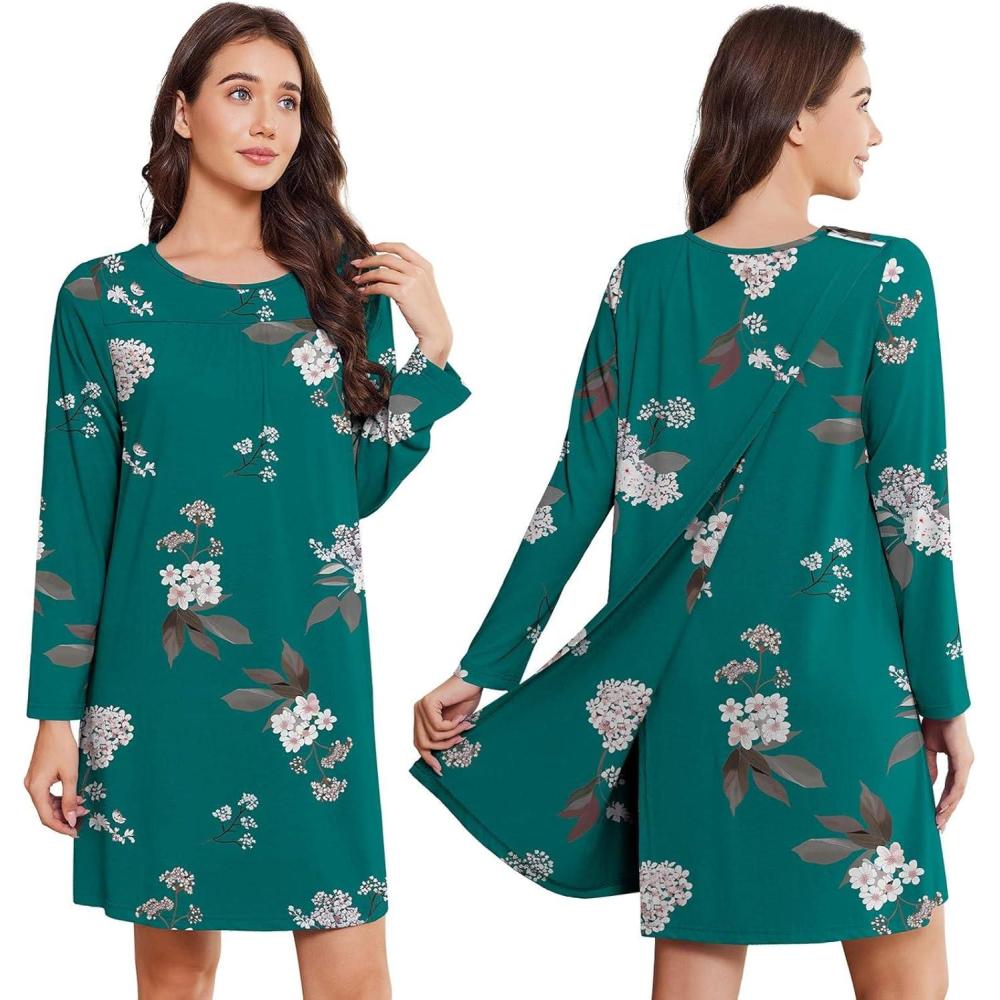 imageDeyeek Hospital Gowns for Women Open Back Tear Away Post Surgery Dress Long Sleeve with Shoulder Snaps Adaptive NightgownsGreen Print