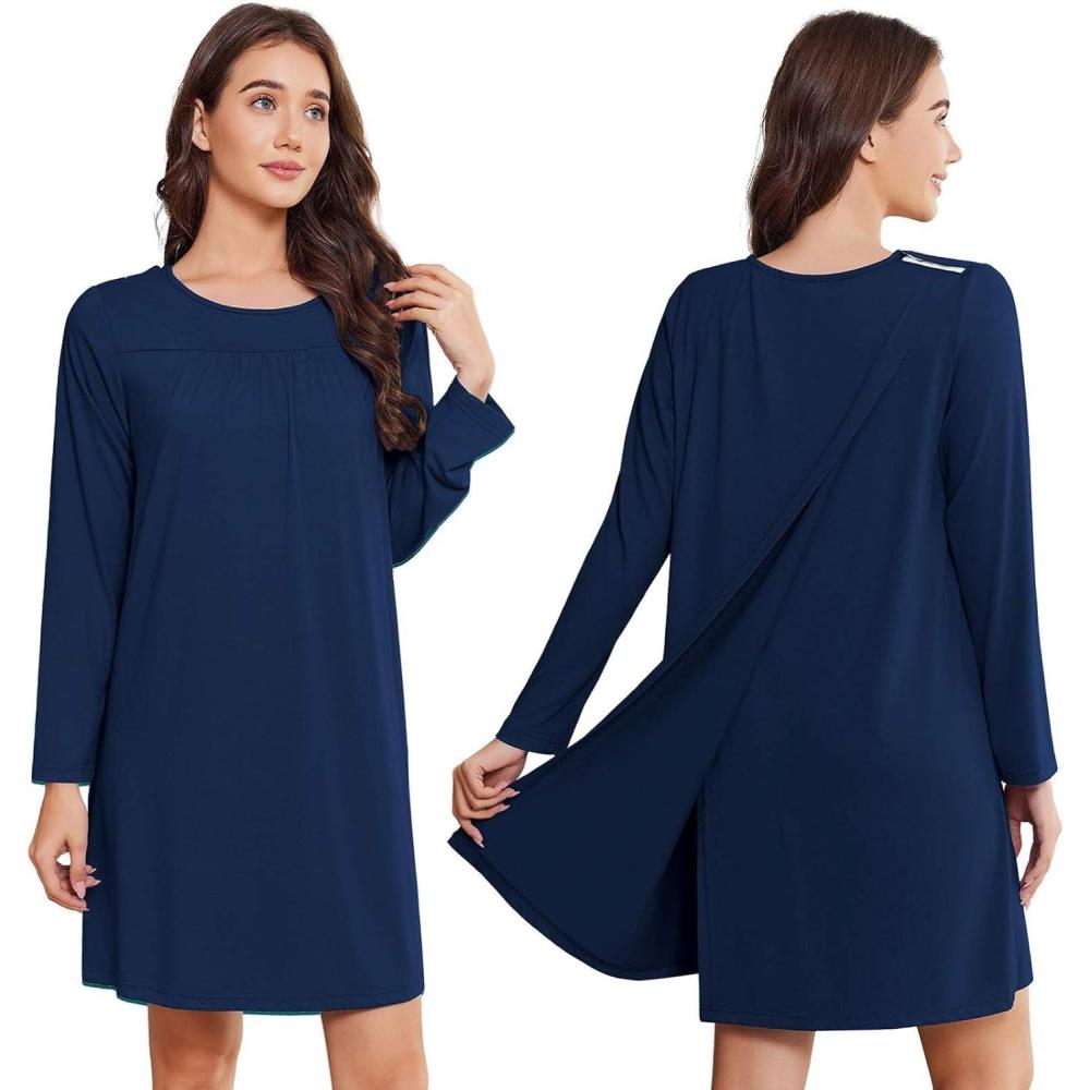 imageDeyeek Hospital Gowns for Women Open Back Tear Away Post Surgery Dress Long Sleeve with Shoulder Snaps Adaptive NightgownsNavy