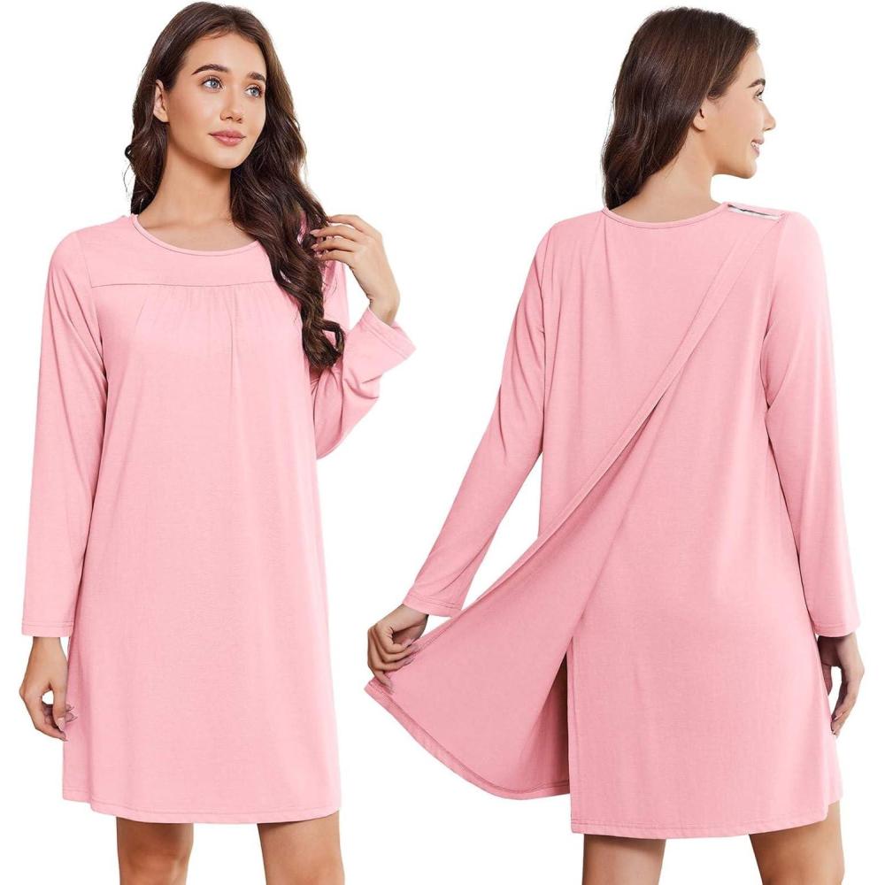 imageDeyeek Hospital Gowns for Women Open Back Tear Away Post Surgery Dress Long Sleeve with Shoulder Snaps Adaptive NightgownsPink