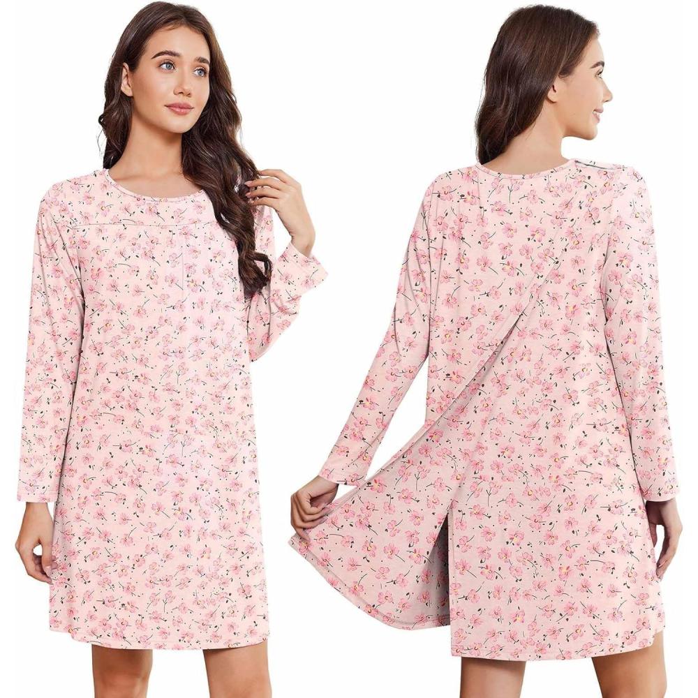 imageDeyeek Hospital Gowns for Women Open Back Tear Away Post Surgery Dress Long Sleeve with Shoulder Snaps Adaptive NightgownsPink Print