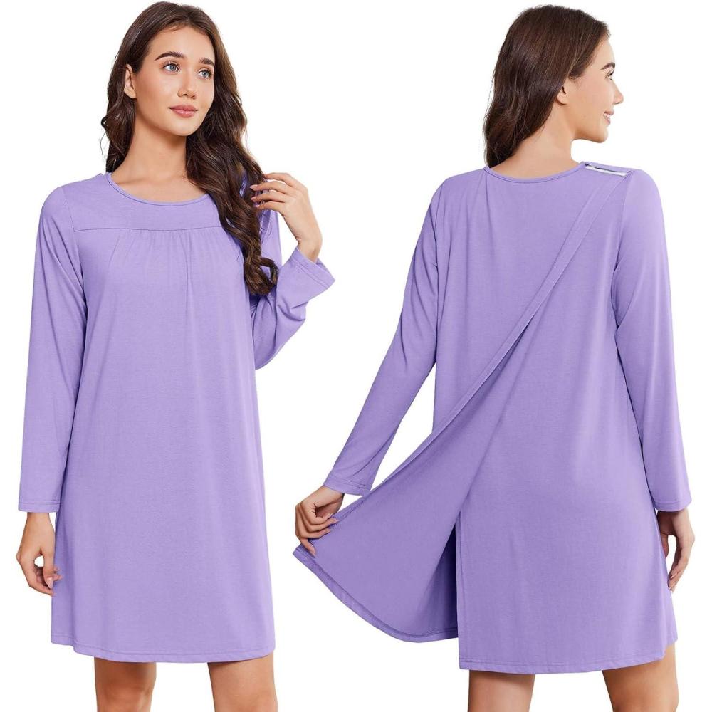 imageDeyeek Hospital Gowns for Women Open Back Tear Away Post Surgery Dress Long Sleeve with Shoulder Snaps Adaptive NightgownsPurple