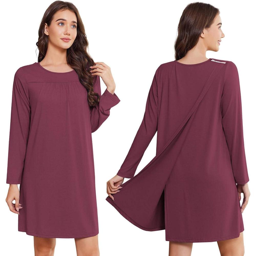 imageDeyeek Hospital Gowns for Women Open Back Tear Away Post Surgery Dress Long Sleeve with Shoulder Snaps Adaptive NightgownsWine Red
