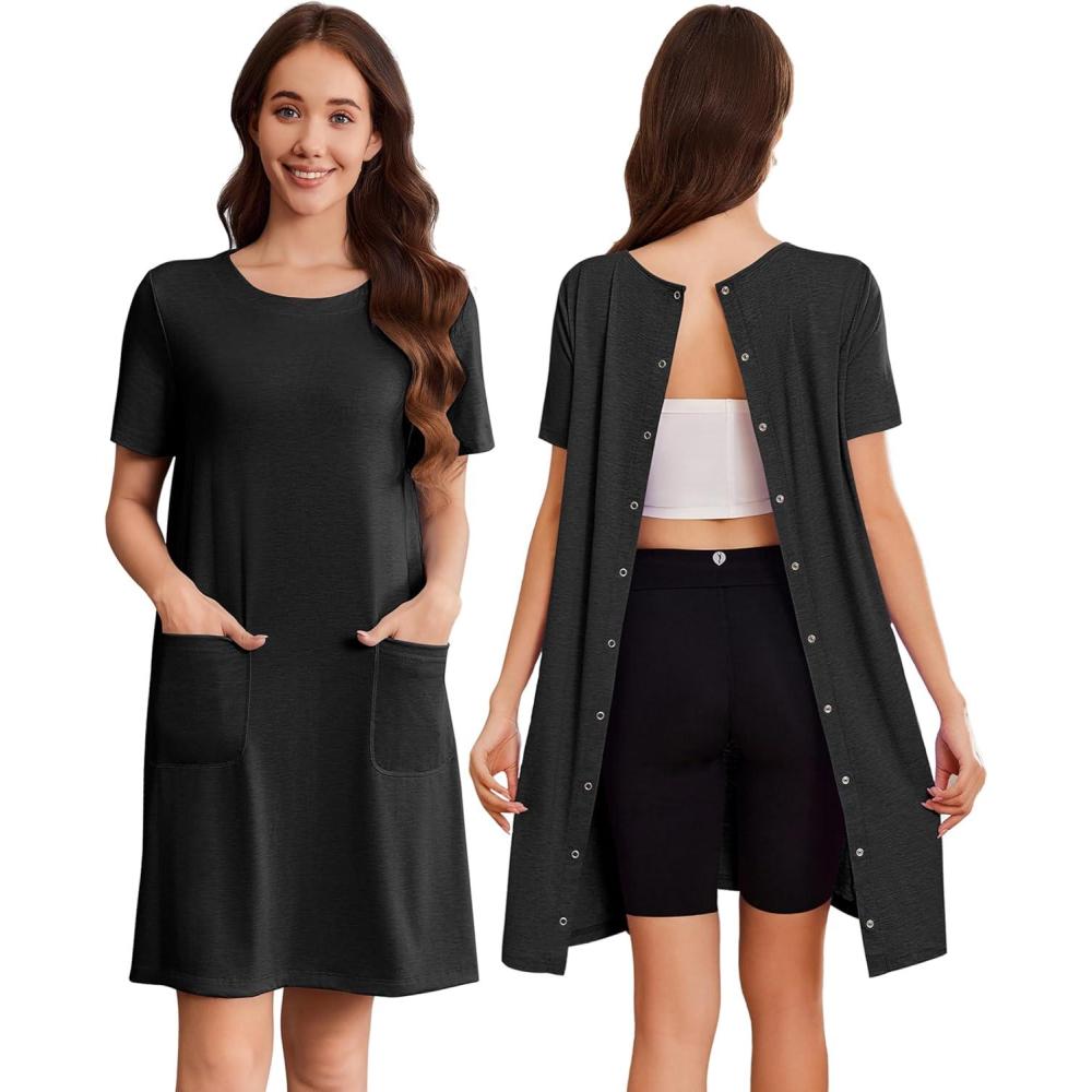 imageDeyeek Hospital Gowns for Women Open Back Tear Away Snap Nursing Dress Short Sleeve Soft Adaptive Clothing With PocketsBlack