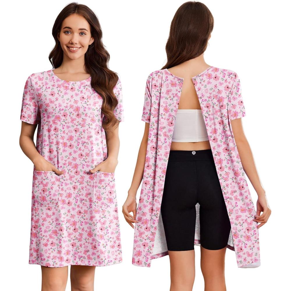 imageDeyeek Hospital Gowns for Women Open Back Tear Away Snap Nursing Dress Short Sleeve Soft Adaptive Clothing With PocketsPink Print