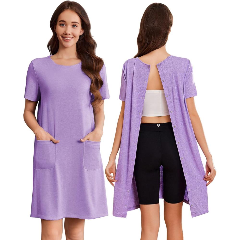 imageDeyeek Hospital Gowns for Women Open Back Tear Away Snap Nursing Dress Short Sleeve Soft Adaptive Clothing With PocketsPurple