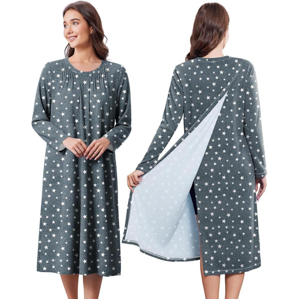 imageDeyeek Hospital Gowns for Women Post Shoulder Surgery Open Back Adaptive clothing lounge dress for PatientsampSeniors NightgownBlack Star Print