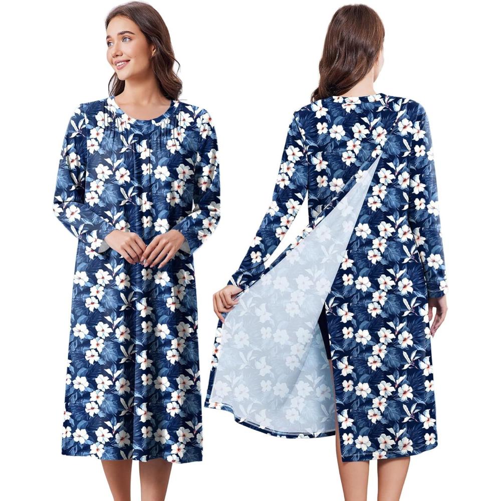 imageDeyeek Hospital Gowns for Women Post Shoulder Surgery Open Back Adaptive clothing lounge dress for PatientsampSeniors NightgownDeep Blue Print