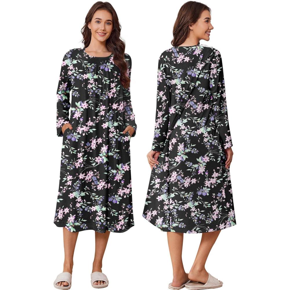 imageDeyeek Hospital Gowns for Women Tear Away Snap Open Back Dress Long Sleeve Post Surgery Adaptive Nightgown with PocketsBlack Print