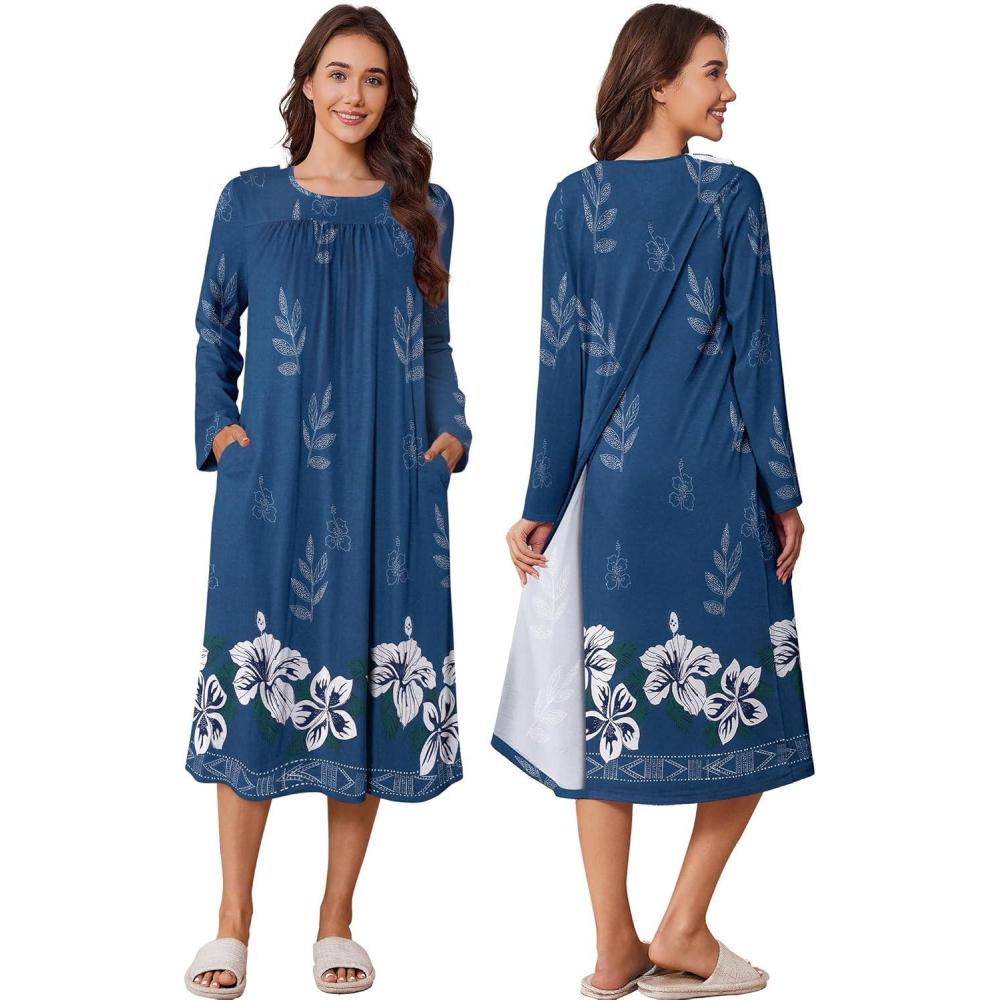imageDeyeek Hospital Gowns for Women Tear Away Snap Open Back Dress Long Sleeve Post Surgery Adaptive Nightgown with PocketsDark Blue Print