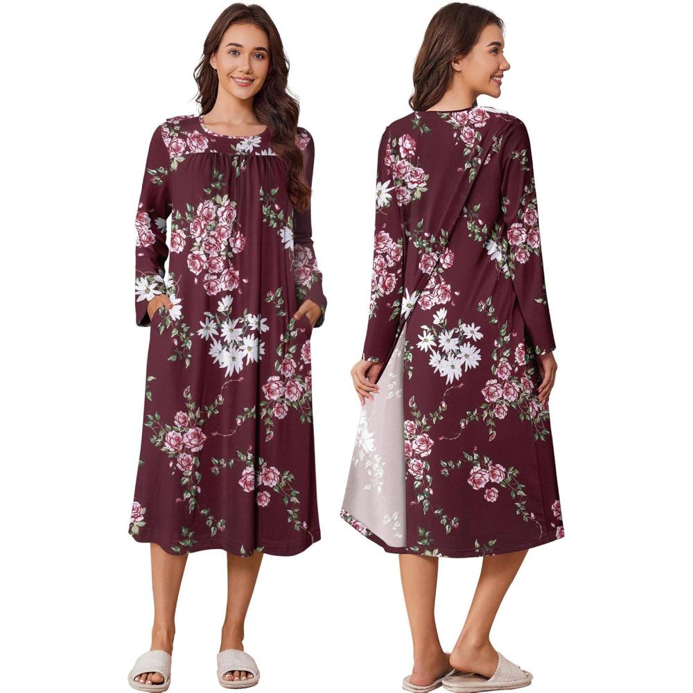 imageDeyeek Hospital Gowns for Women Tear Away Snap Open Back Dress Long Sleeve Post Surgery Adaptive Nightgown with PocketsRed Print