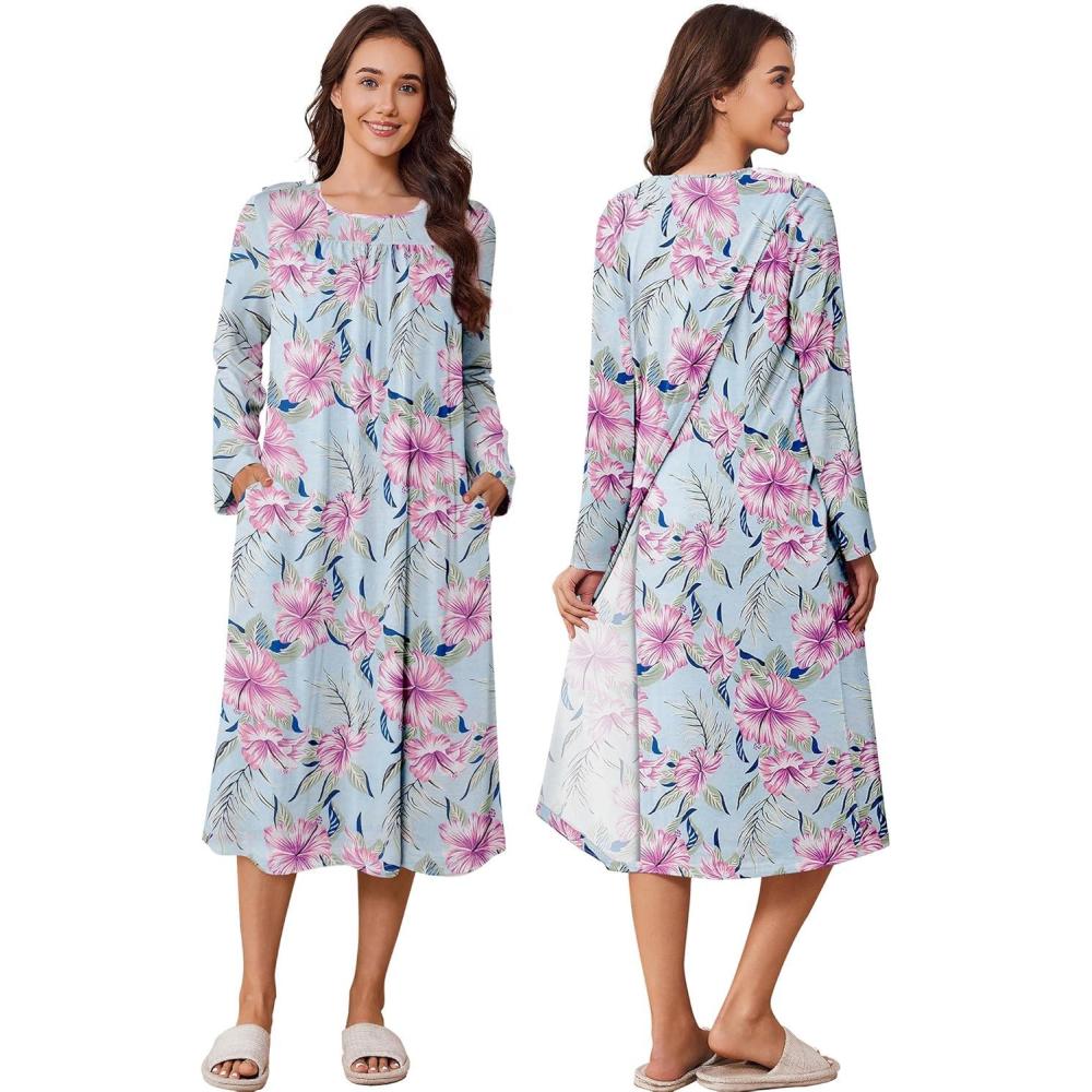 imageDeyeek Hospital Gowns for Women Tear Away Snap Open Back Dress Long Sleeve Post Surgery Adaptive Nightgown with PocketsRose Pink Green Print