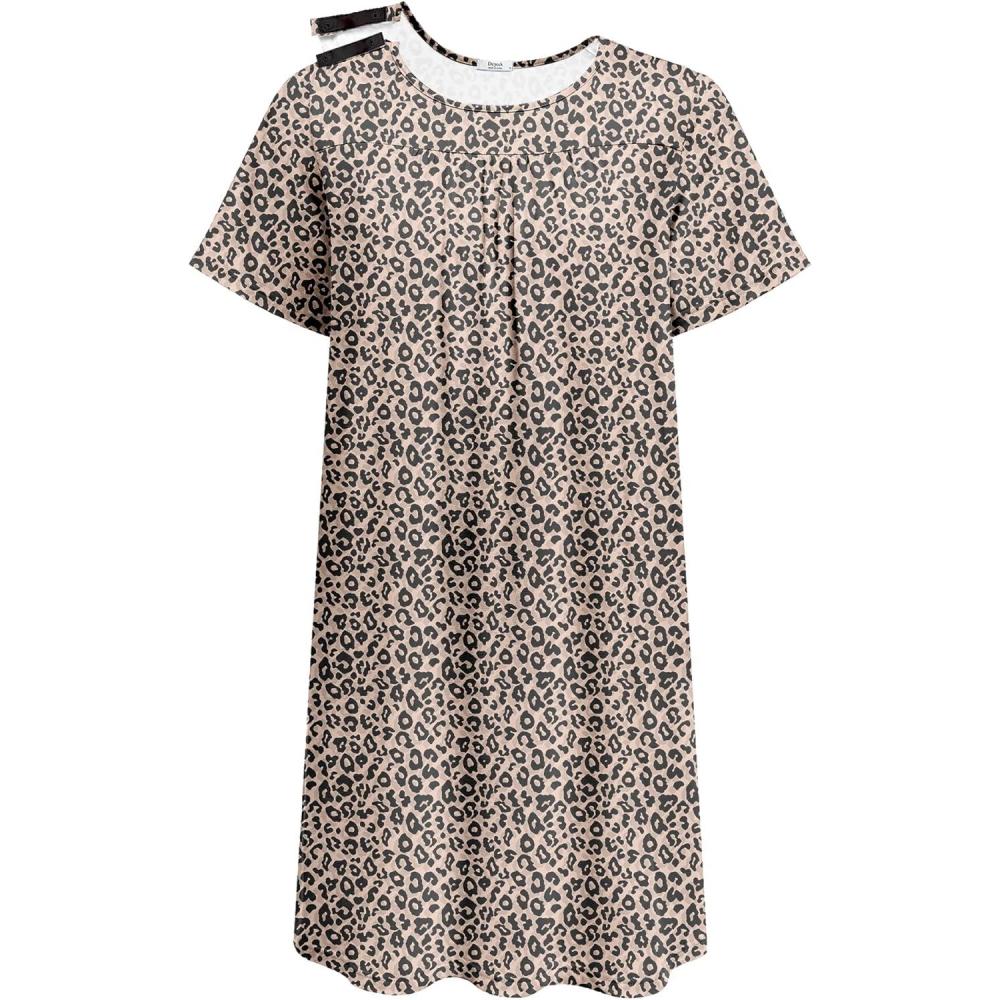 imageDeyeek Hospital Gowns for Women Tear Away Snap Open Back Dress Post Shoulder Surgery Dresses Soft Adaptive Clothing NightgownLeopard