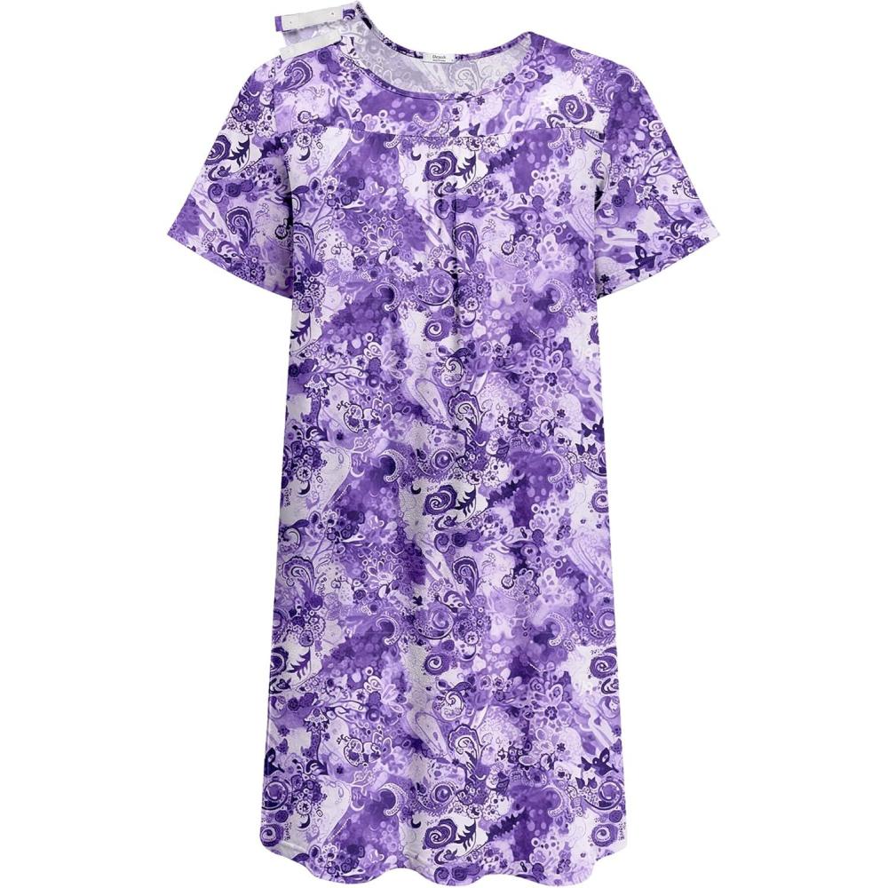 imageDeyeek Hospital Gowns for Women Tear Away Snap Open Back Dress Post Shoulder Surgery Dresses Soft Adaptive Clothing NightgownPurple Print