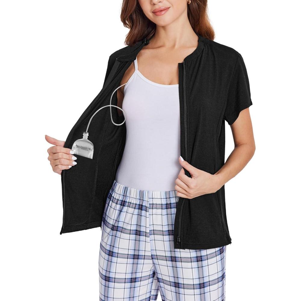 imageDeyeek Mastectomy Shirts with Drain Pockets Post Shoulder Surgery Tops for Women Chemo Port Short Sleeve with ZippersBlack