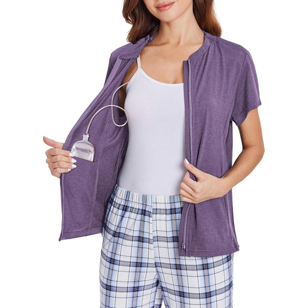 imageDeyeek Mastectomy Shirts with Drain Pockets Post Shoulder Surgery Tops for Women Chemo Port Short Sleeve with ZippersBright Purple