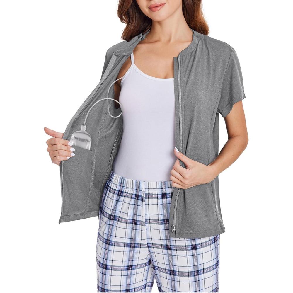 imageDeyeek Mastectomy Shirts with Drain Pockets Post Shoulder Surgery Tops for Women Chemo Port Short Sleeve with ZippersGrey