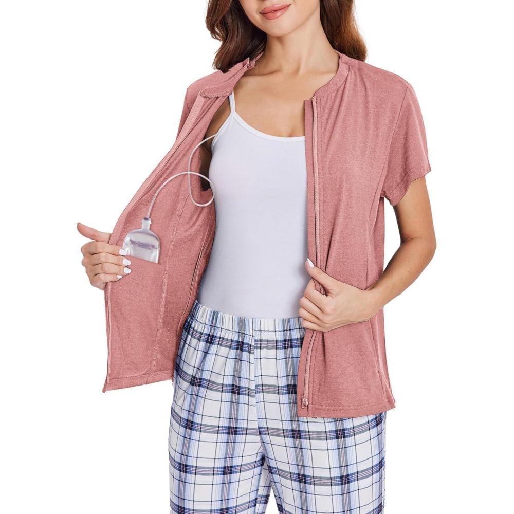 imageDeyeek Mastectomy Shirts with Drain Pockets Post Shoulder Surgery Tops for Women Chemo Port Short Sleeve with ZippersLight Pink