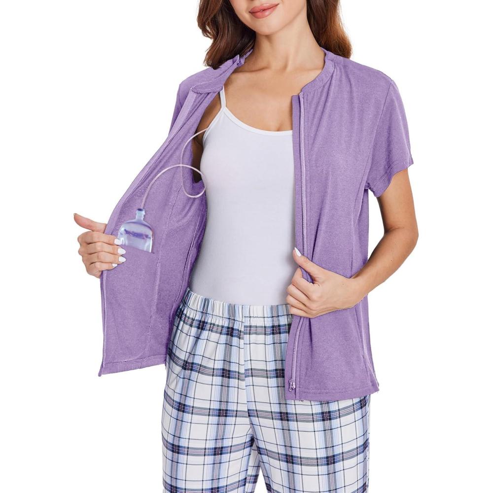 imageDeyeek Mastectomy Shirts with Drain Pockets Post Shoulder Surgery Tops for Women Chemo Port Short Sleeve with ZippersPurple