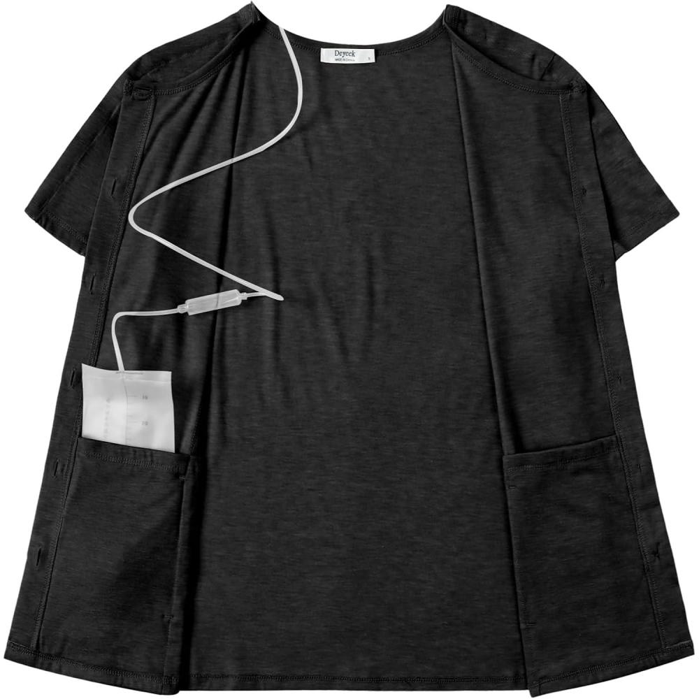 imageDeyeek Mastectomy Shirts with Drain Pockets Tear Away Side Shoulder Surgery Tops for Women Chemo Shirts for Port AccessBlack