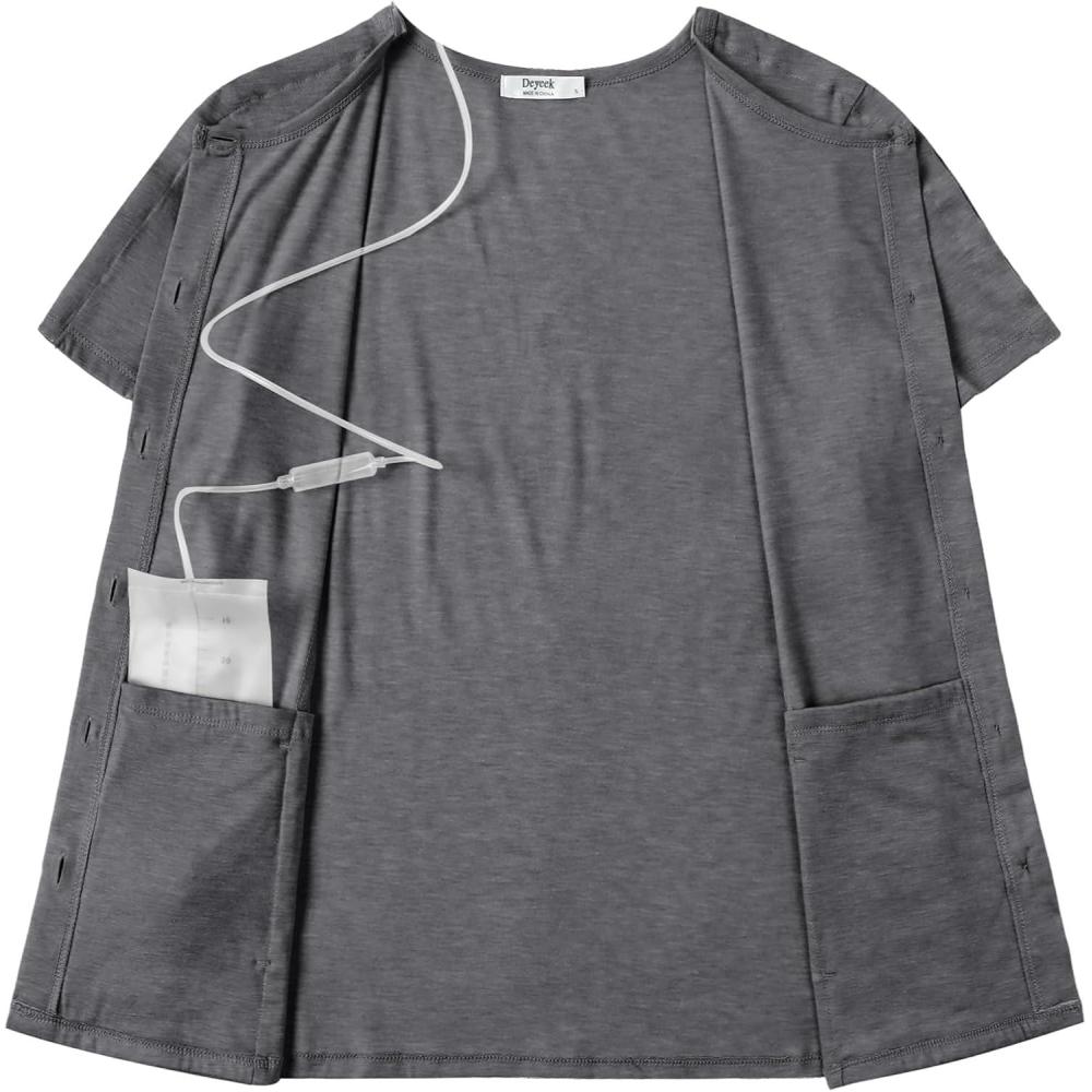 imageDeyeek Mastectomy Shirts with Drain Pockets Tear Away Side Shoulder Surgery Tops for Women Chemo Shirts for Port AccessDark Grey