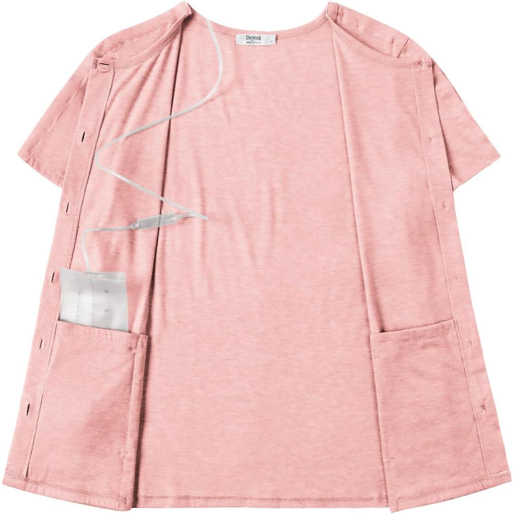 imageDeyeek Mastectomy Shirts with Drain Pockets Tear Away Side Shoulder Surgery Tops for Women Chemo Shirts for Port AccessPink