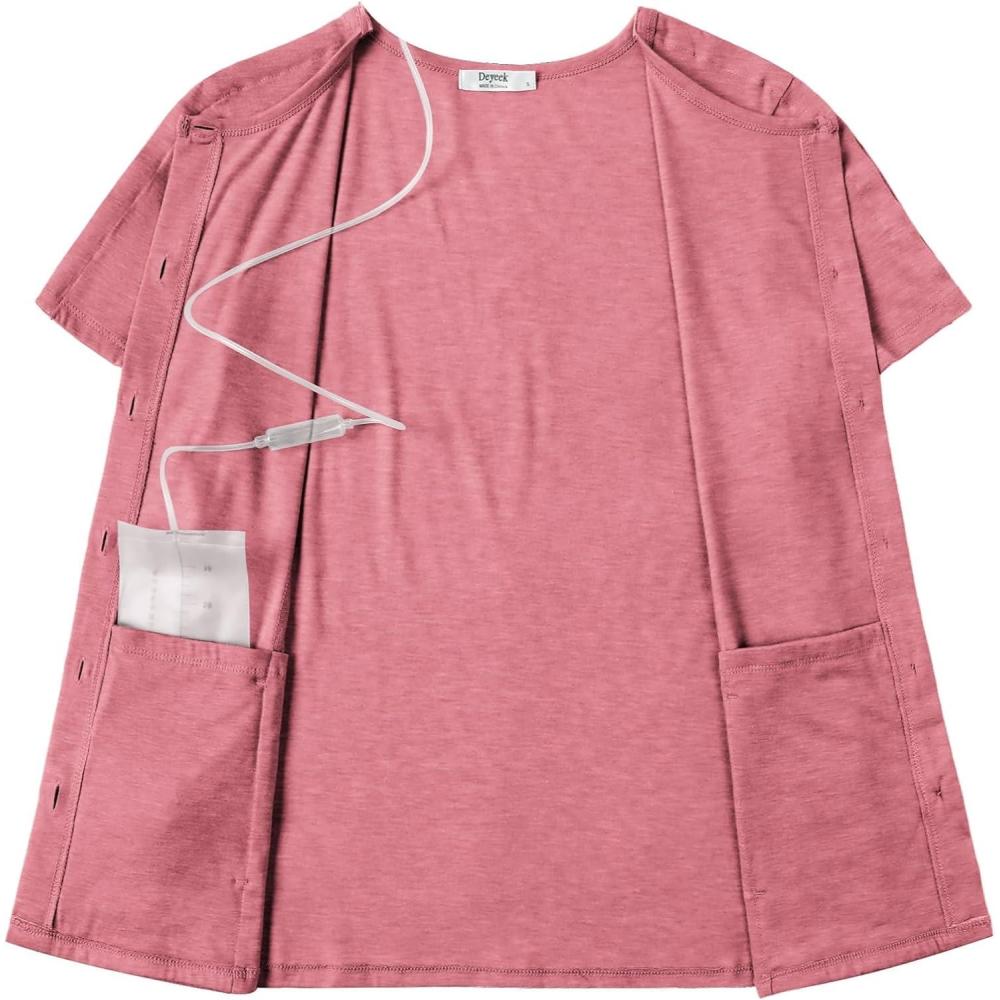 imageDeyeek Mastectomy Shirts with Drain Pockets Tear Away Side Shoulder Surgery Tops for Women Chemo Shirts for Port AccessRed