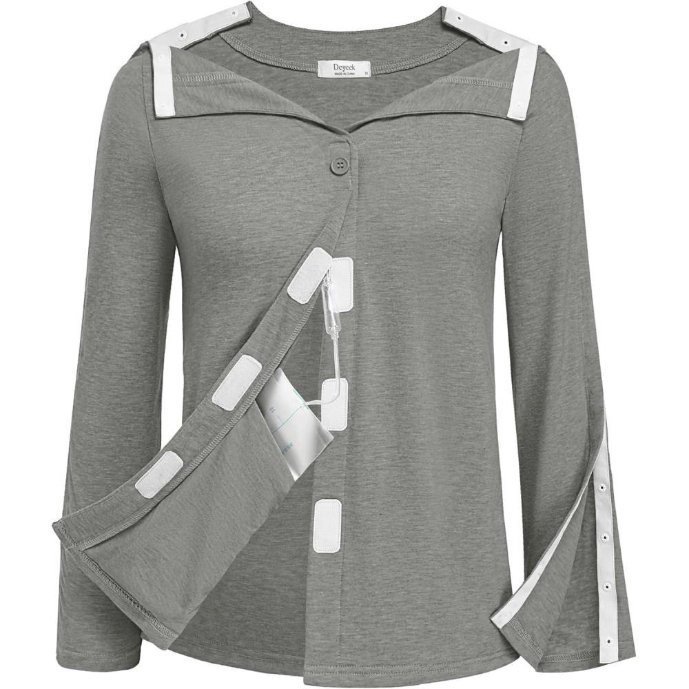 imageDeyeek Mastectomy Shirts with Drain Pockets Tear Away Side Snap Post Shoulder Surgery Shirts Women Chemo Port Dialysis ShirtLight Gray