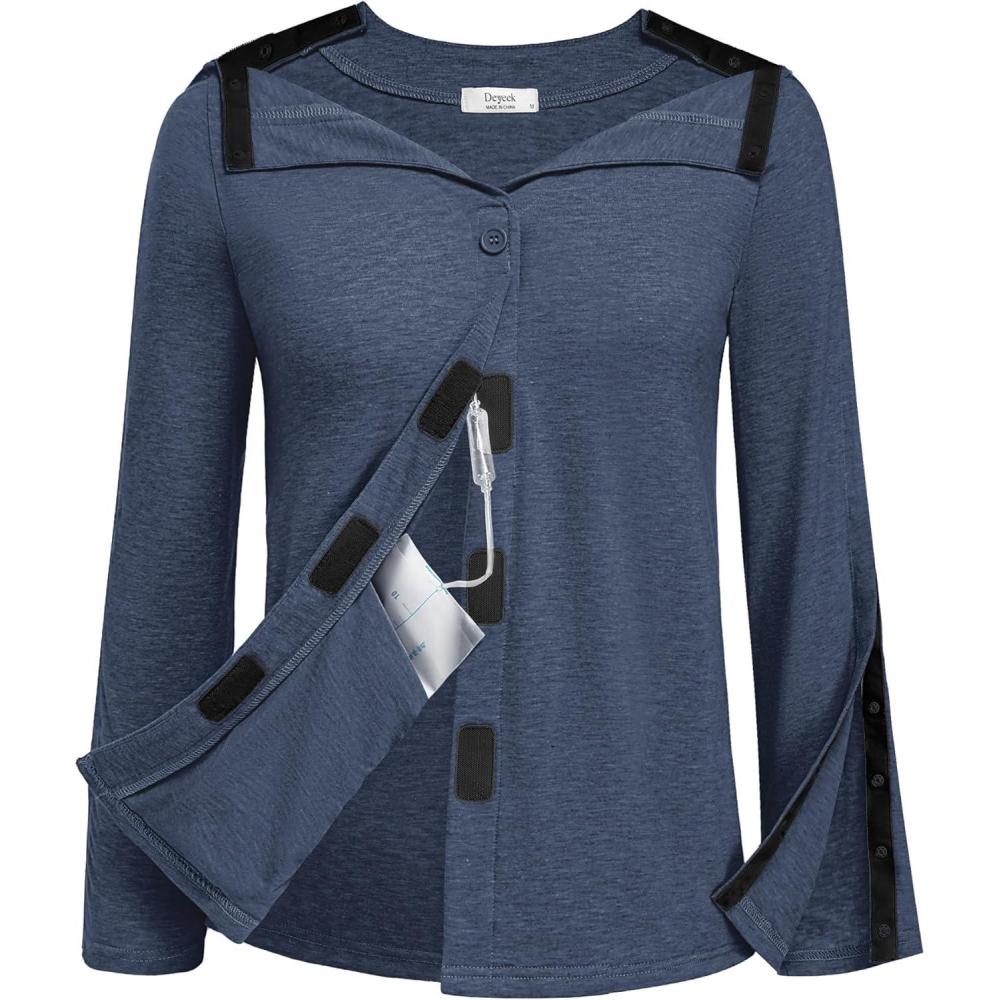 imageDeyeek Mastectomy Shirts with Drain Pockets Tear Away Side Snap Post Shoulder Surgery Shirts Women Chemo Port Dialysis ShirtNavy Blue