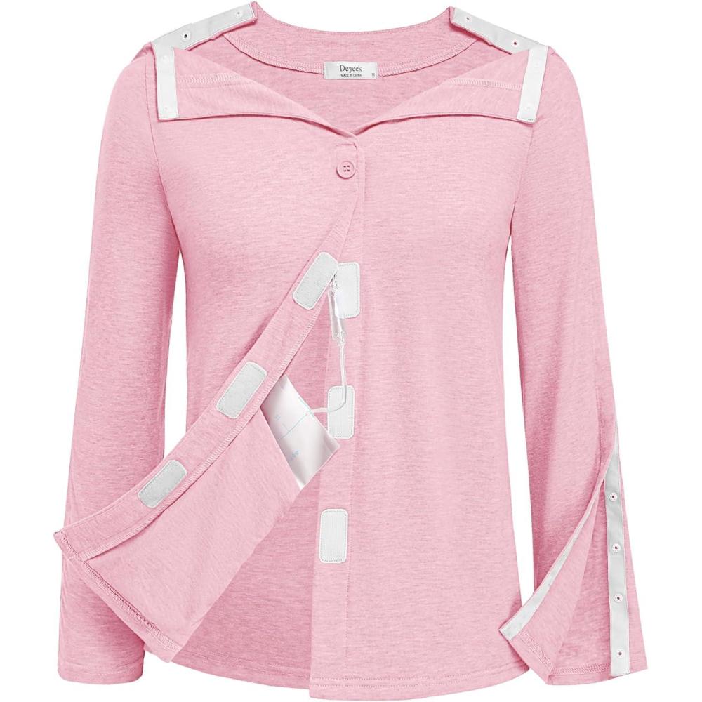 imageDeyeek Mastectomy Shirts with Drain Pockets Tear Away Side Snap Post Shoulder Surgery Shirts Women Chemo Port Dialysis ShirtPink