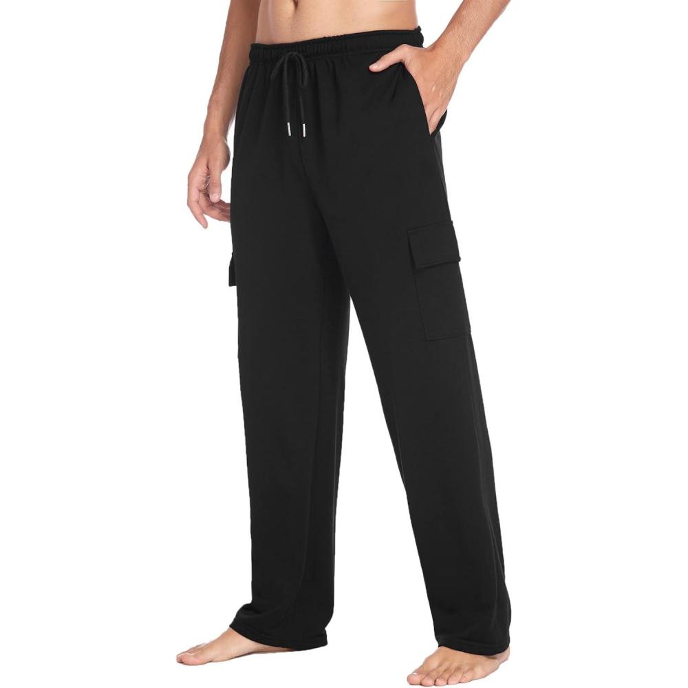 imageDeyeek Mens Cargo Sweatpants Open Bottom Baggy Sweat Pants for Mens Straight Leg Gym Cargo Sweats Lounge Pants with PocketsBlack