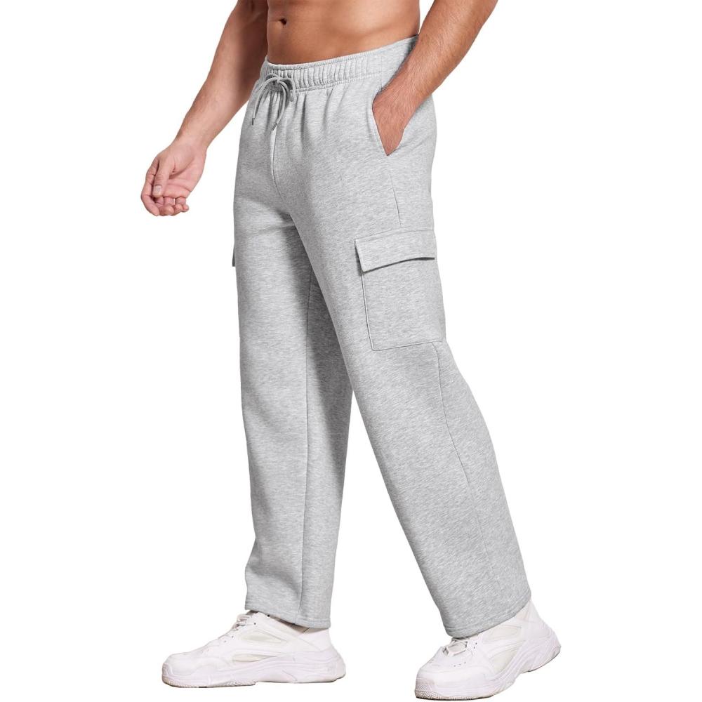 imageDeyeek Mens Fleece Cargo Sweatpants Open Bottom Sweat Pants for Men Loose Fit Joggers Sweatpants Lounge Pants with PocketsGrey