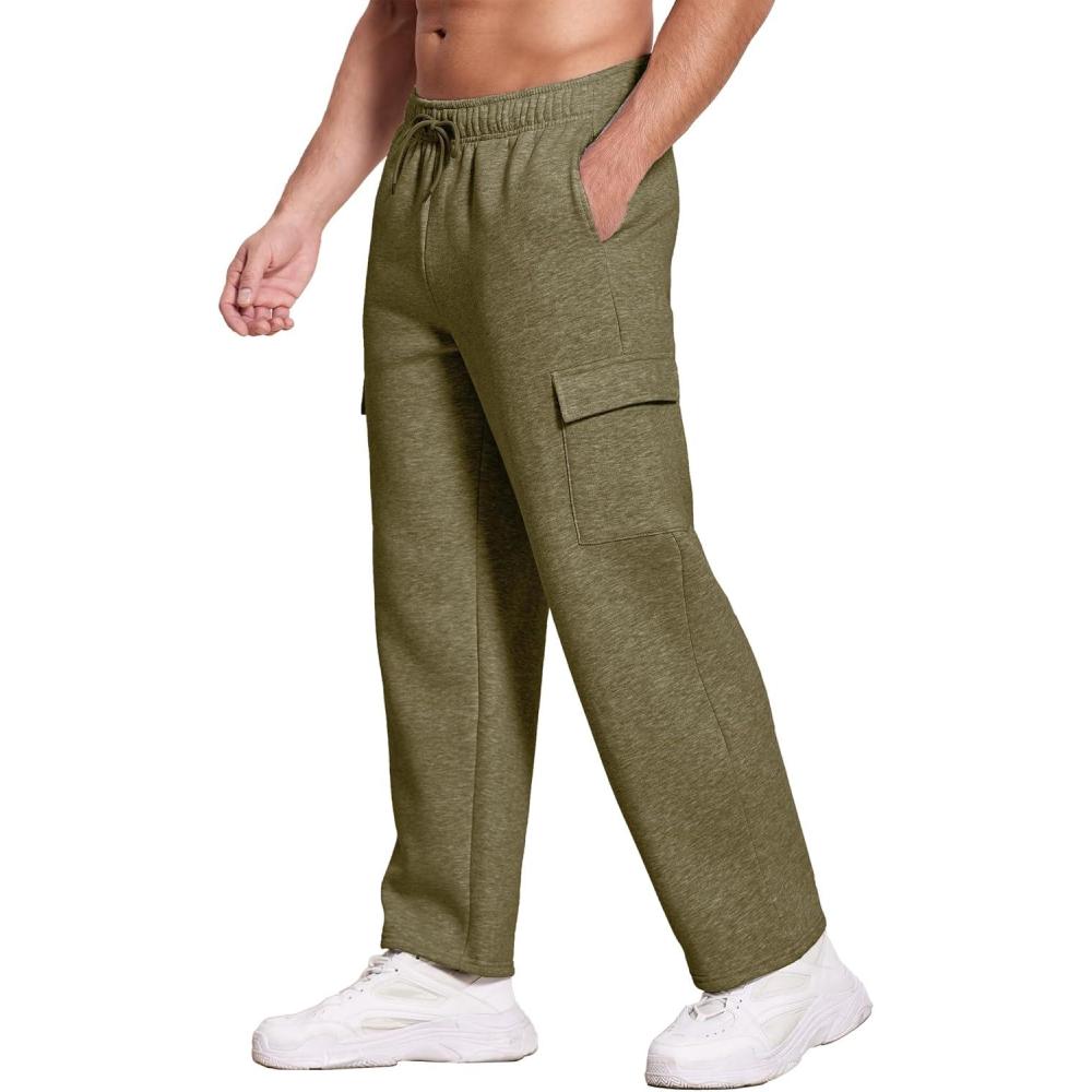 imageDeyeek Mens Fleece Cargo Sweatpants Open Bottom Sweat Pants for Men Loose Fit Joggers Sweatpants Lounge Pants with PocketsOlive Green
