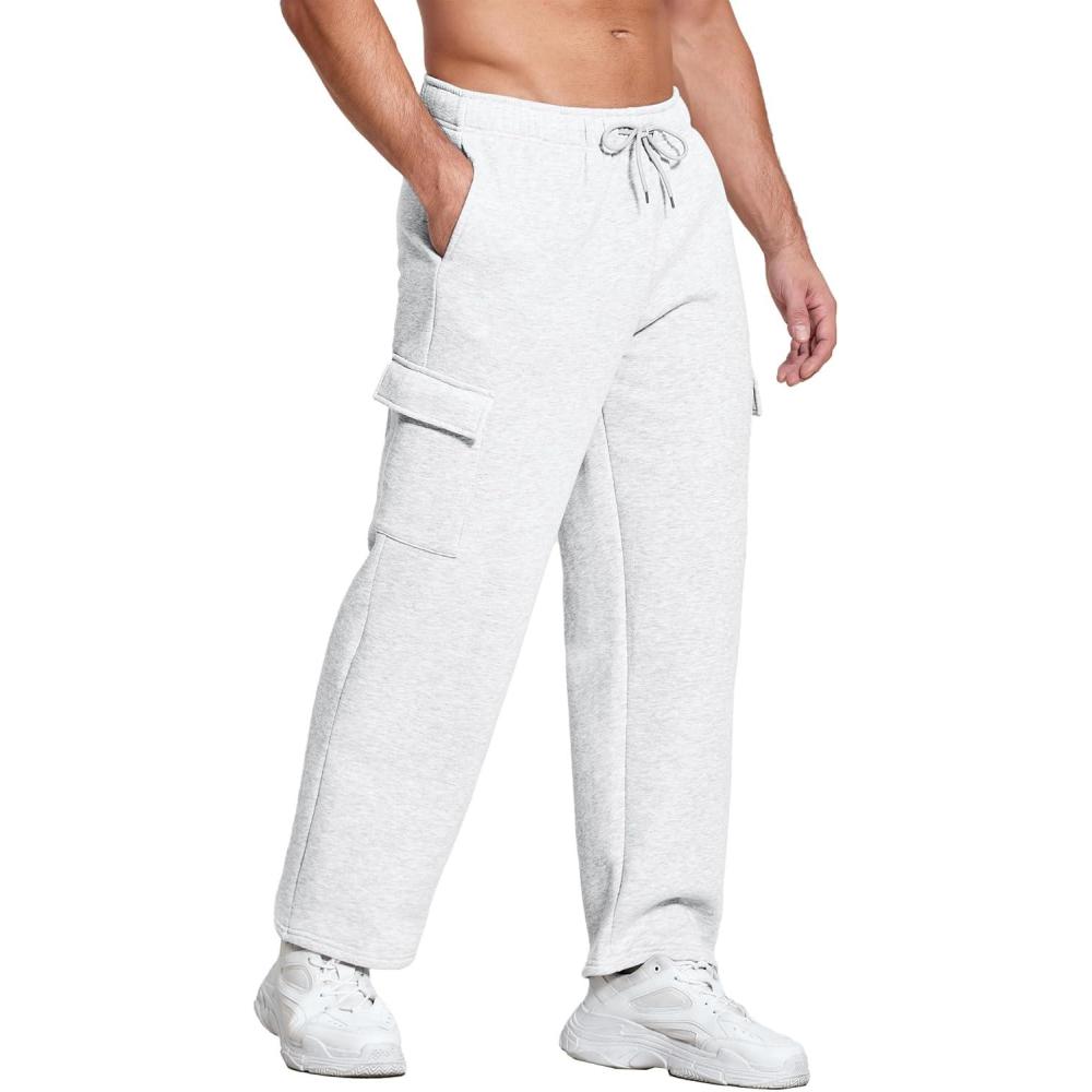 imageDeyeek Mens Fleece Cargo Sweatpants Open Bottom Sweat Pants for Men Loose Fit Joggers Sweatpants Lounge Pants with PocketsWhite