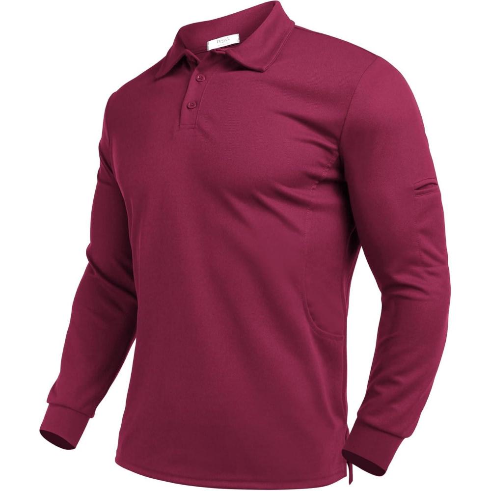 imageDeyeek Mens Polo Shirts Long Sleeve Golf Polo Shirts for Men Quick Dry UPF 50 Sun Protection Polos Casual Collared ShirtsDrak Red