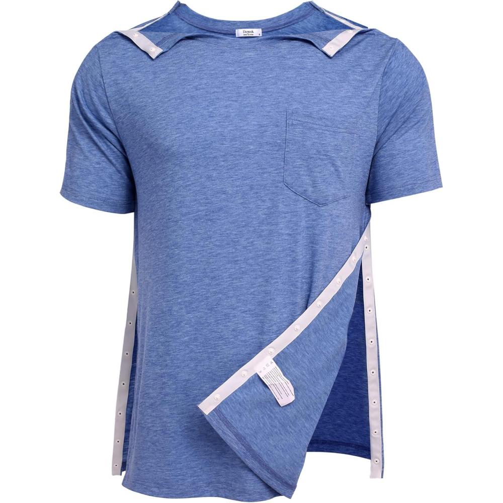 imageDeyeek Mens Post Shoulder Surgery Shirts Recovery Tear Away Short Sleeve Full Open Side Snap Adaptive Chemo ClothingBlue