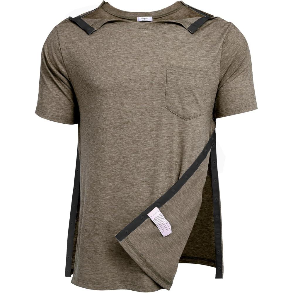 imageDeyeek Mens Post Shoulder Surgery Shirts Recovery Tear Away Short Sleeve Full Open Side Snap Adaptive Chemo ClothingBrown
