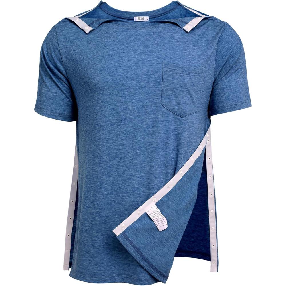 imageDeyeek Mens Post Shoulder Surgery Shirts Recovery Tear Away Short Sleeve Full Open Side Snap Adaptive Chemo ClothingDark Blue