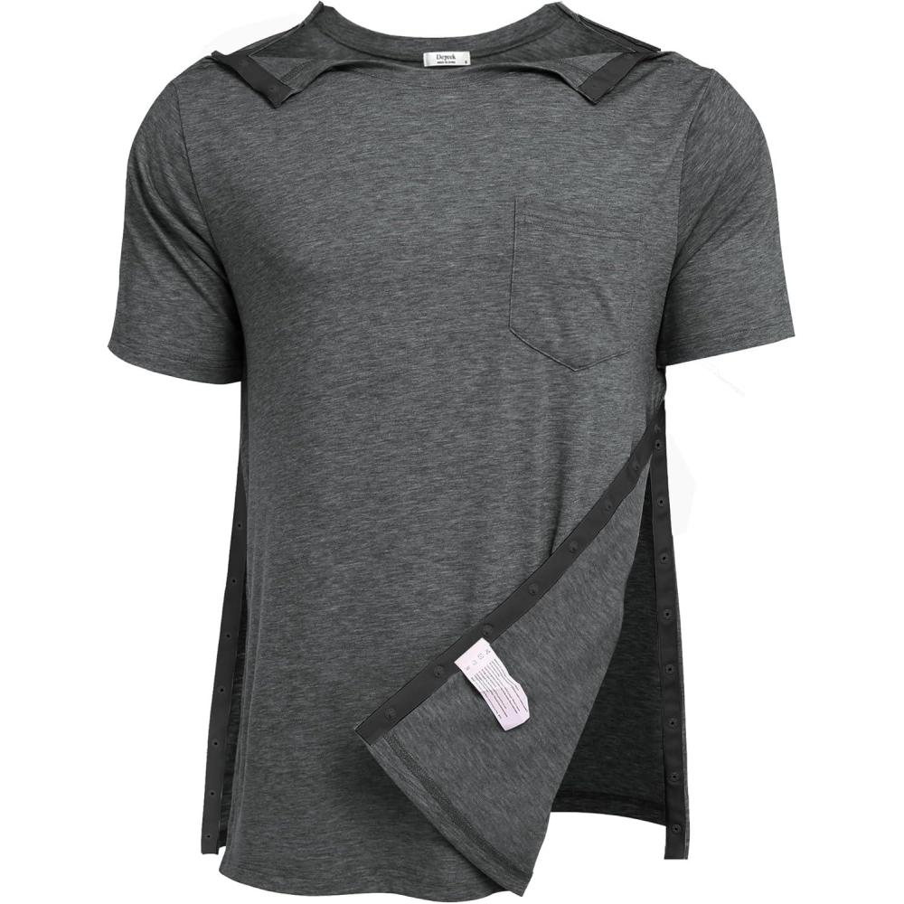 imageDeyeek Mens Post Shoulder Surgery Shirts Recovery Tear Away Short Sleeve Full Open Side Snap Adaptive Chemo ClothingDeep Grey