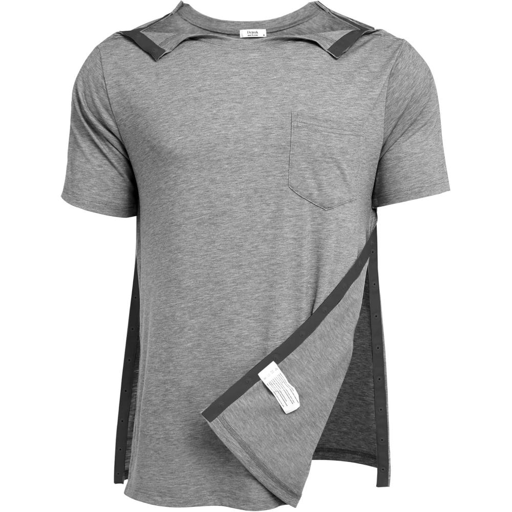 imageDeyeek Mens Post Shoulder Surgery Shirts Recovery Tear Away Short Sleeve Full Open Side Snap Adaptive Chemo ClothingGrey
