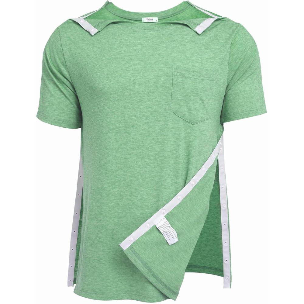 imageDeyeek Mens Post Shoulder Surgery Shirts Recovery Tear Away Short Sleeve Full Open Side Snap Adaptive Chemo ClothingLight Green