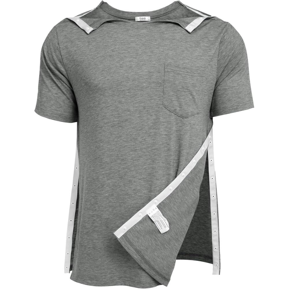imageDeyeek Mens Post Shoulder Surgery Shirts Recovery Tear Away Short Sleeve Full Open Side Snap Adaptive Chemo ClothingLight Grey