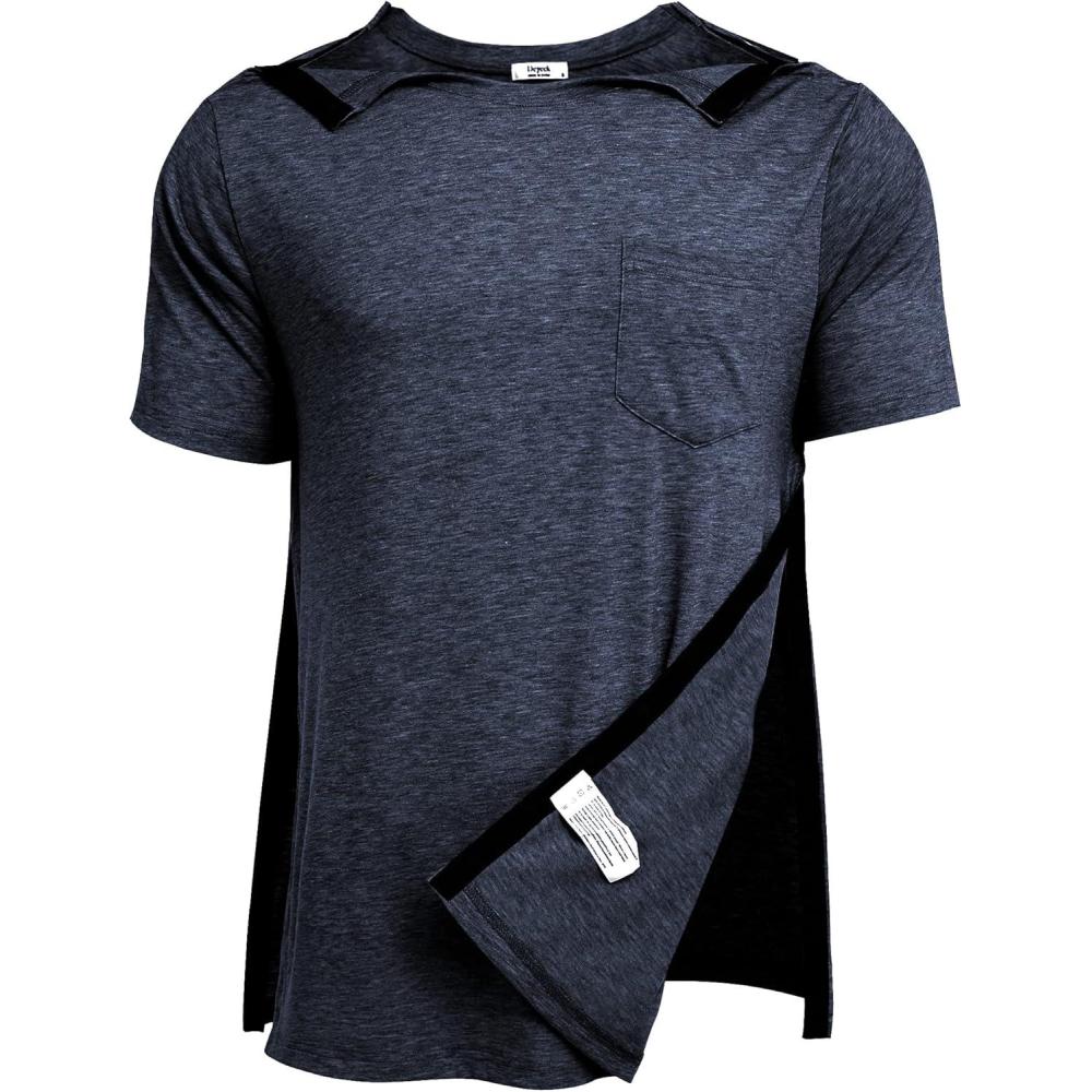 imageDeyeek Mens Post Shoulder Surgery Shirts Recovery Tear Away Short Sleeve Full Open Side Snap Adaptive Chemo ClothingNavy Blue