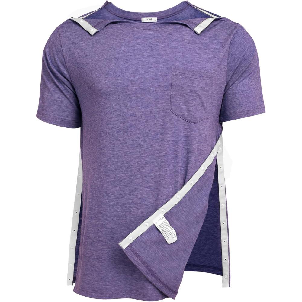 imageDeyeek Mens Post Shoulder Surgery Shirts Recovery Tear Away Short Sleeve Full Open Side Snap Adaptive Chemo ClothingPurple