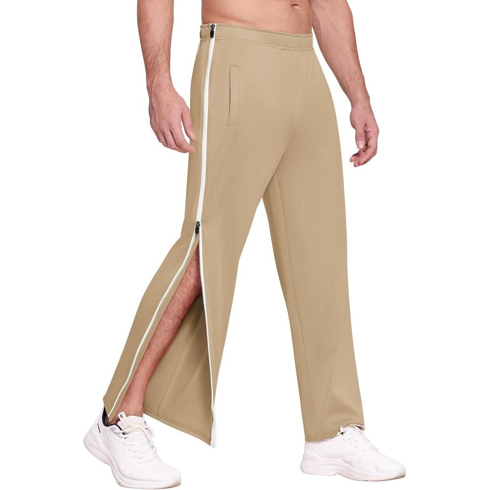 imageDeyeek Mens Tear Away Basketball Pants 2 Side Zippers Snap Off Full Open Down Sweatpants Leg Post Surgery Pant with PocketsKhaki2