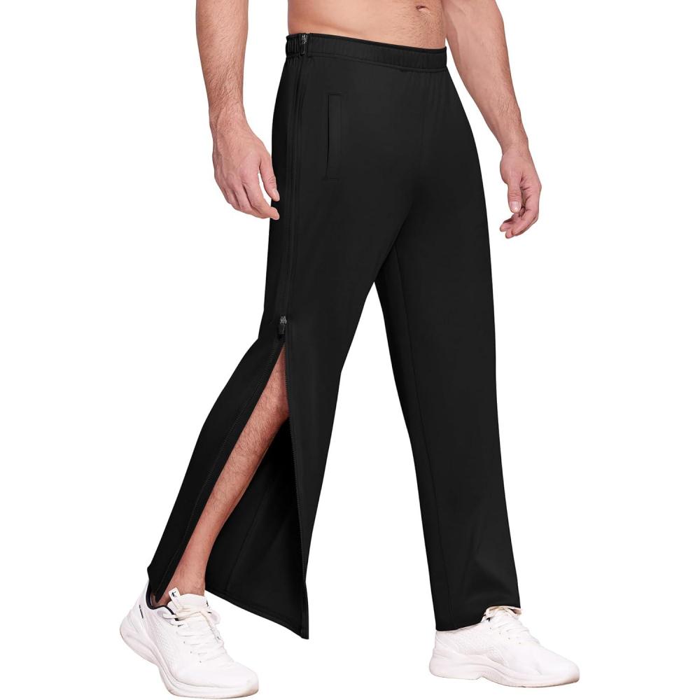 imageDeyeek Mens Tear Away Basketball Pants 2 Side Zippers Snap Off Full Open Down Sweatpants Leg Post Surgery Pant with PocketsPure Black
