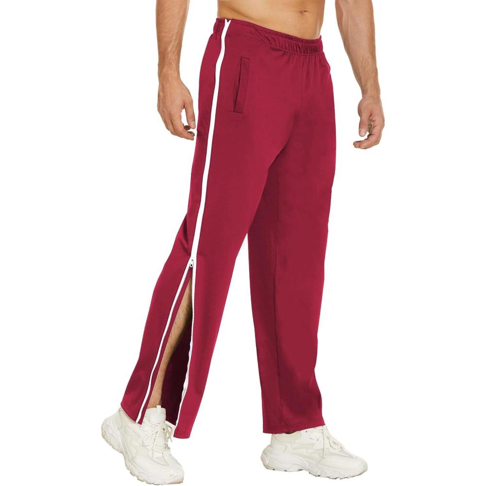 imageDeyeek Mens Tear Away Basketball Pants 2 Side Zippers Snap Off Full Open Down Sweatpants Leg Post Surgery Pant with PocketsRed