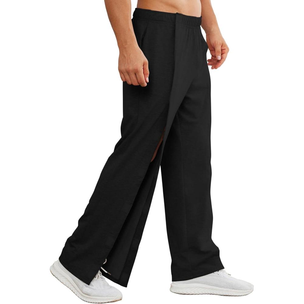 imageDeyeek Mens Tear Away Pants 2 Side Full Open Bottom Sweatpants Loose Fit Casual Adaptive Post Surgery Pants with PocketsBlack