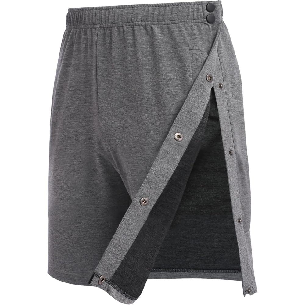imageDeyeek Mens Tear Away Shorts Post Surgery Recovery Side Snap Shorts Color Block Cotton Break Away Pants with PocketsGrey
