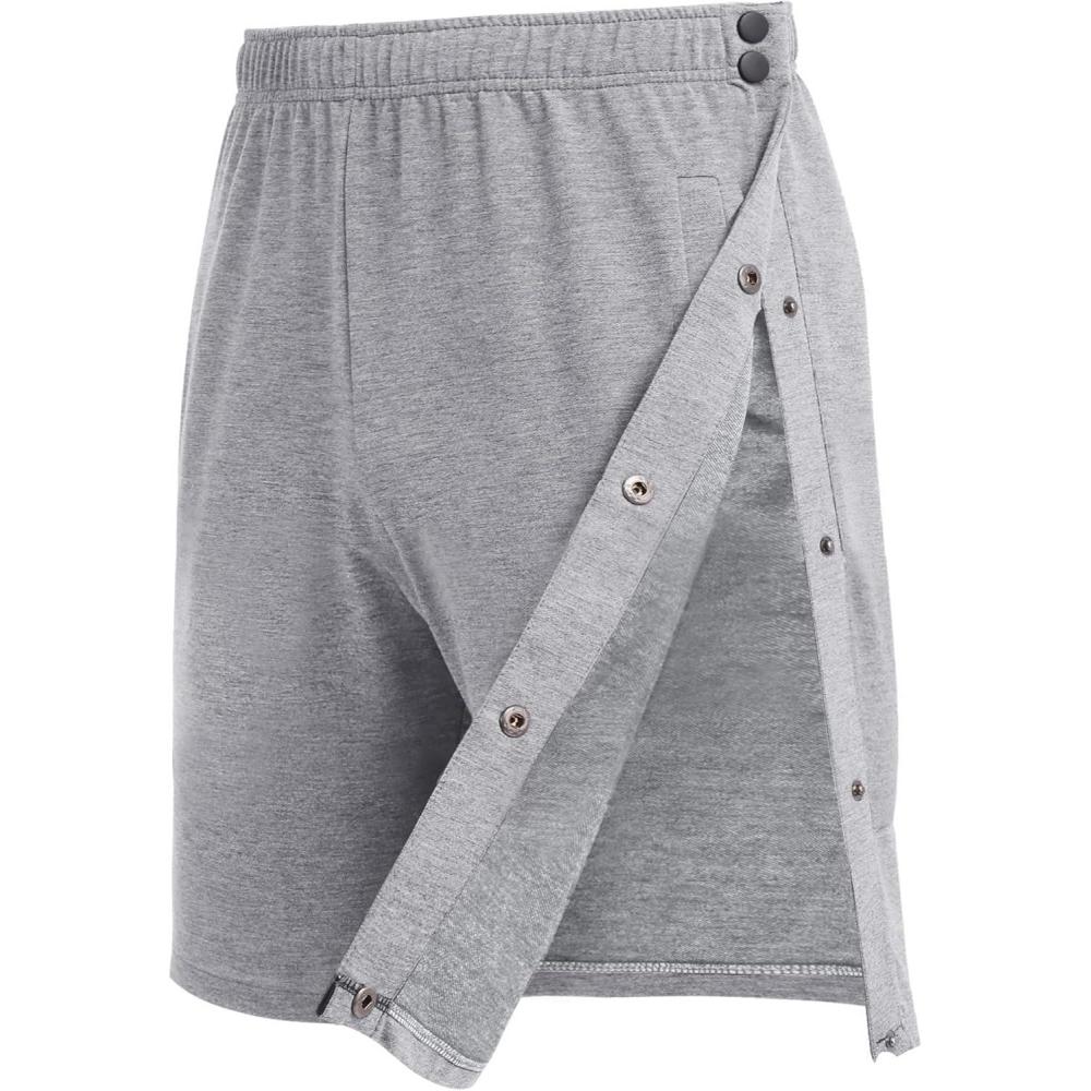 imageDeyeek Mens Tear Away Shorts Post Surgery Recovery Side Snap Shorts Color Block Cotton Break Away Pants with PocketsLight Grey